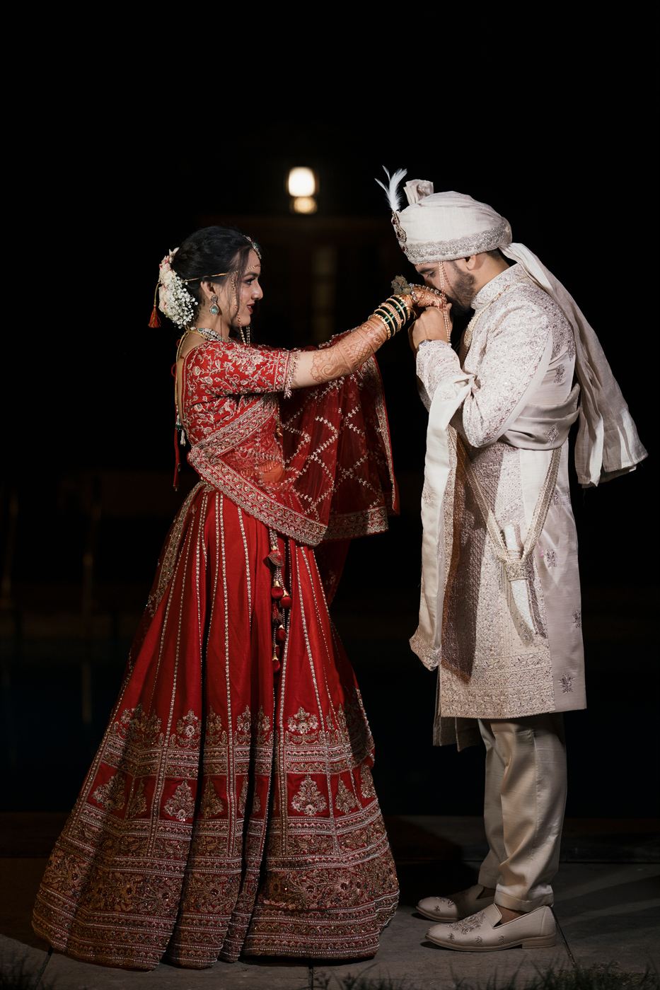 Quiet intimate glance between the bride and groom